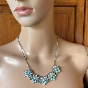 Flower Design with Light Blue/Turquoise Crystal/Stones with Silver Tone Chain